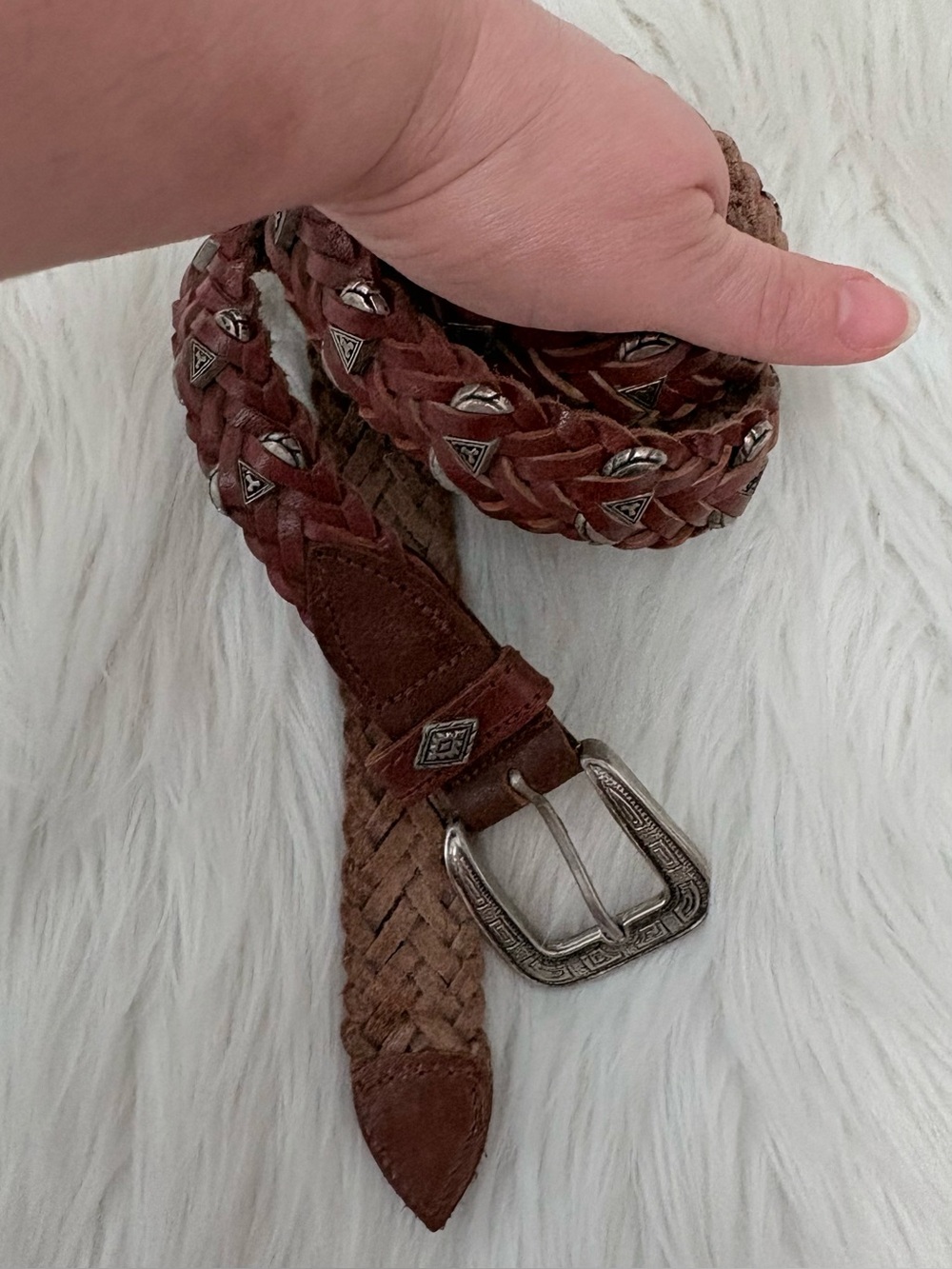 Vintage Boho Desert Festival Braided Brown Leather Belt Silver Decorative Studs